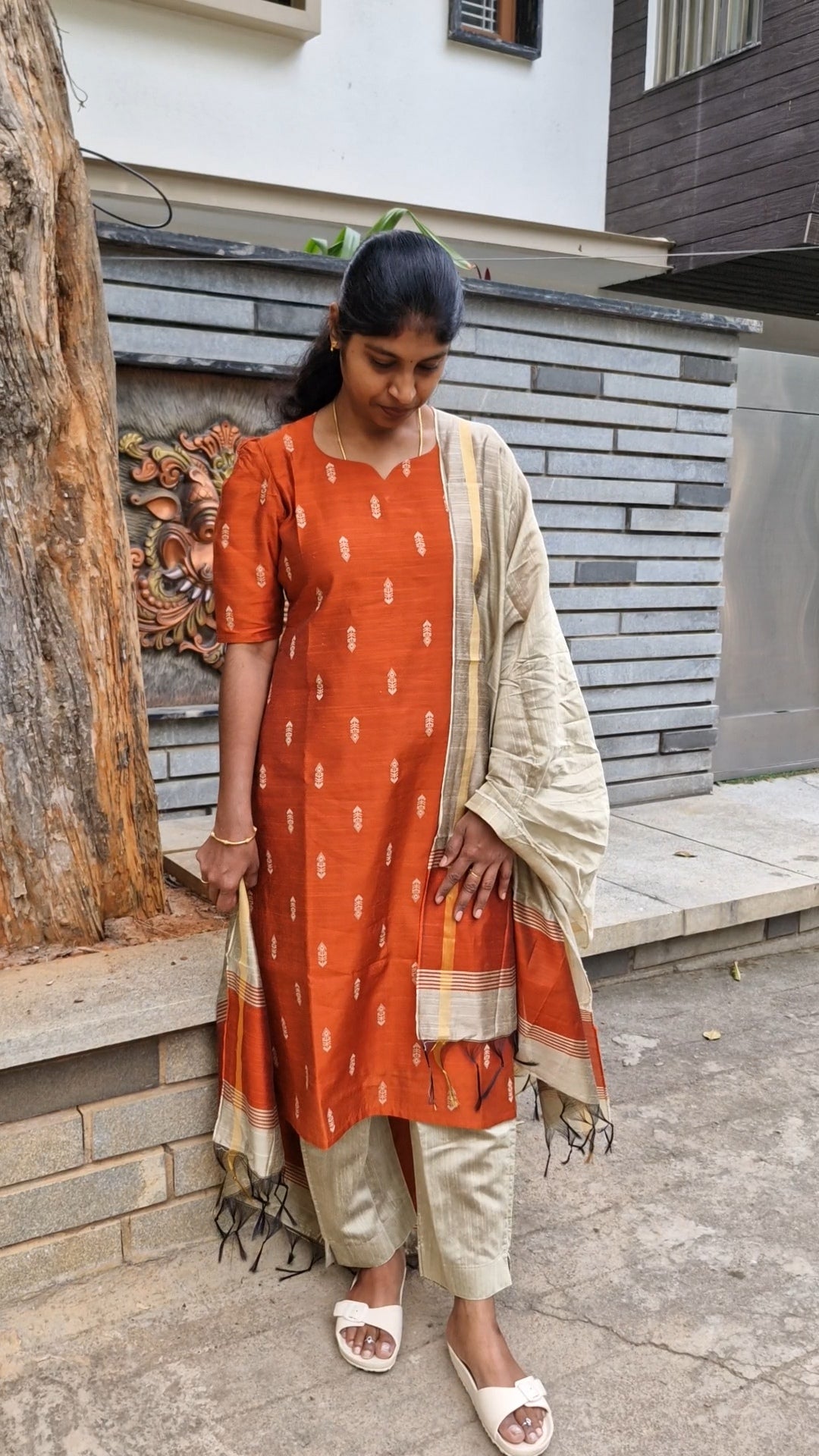 Raw Silk Rust Orange Kurti Set